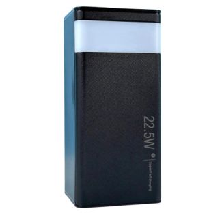 Потужний павербанк WUW-TUGII Y55 50000 mAh 22.5W чорного кольору з ліхтарем та дисплеєм, вигляд спереду.