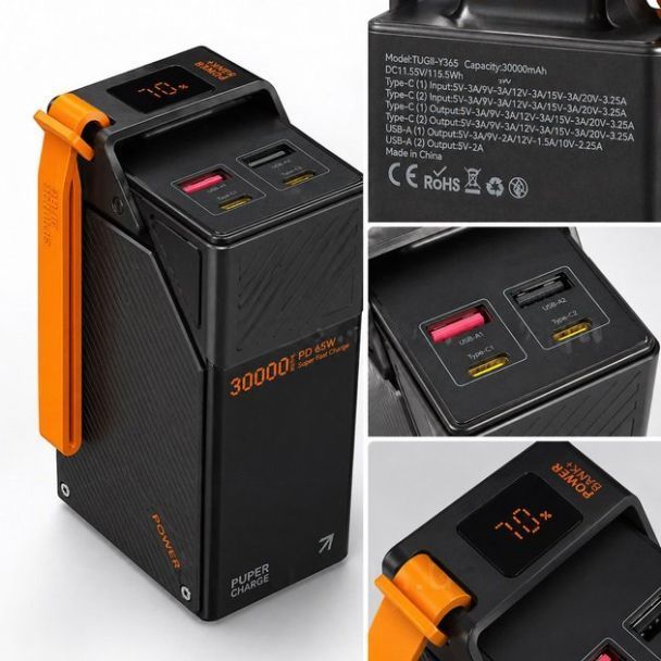 Павербанк WUW TUGII Y365 30000mAh 65W чорний з дисплеем - роз'єми