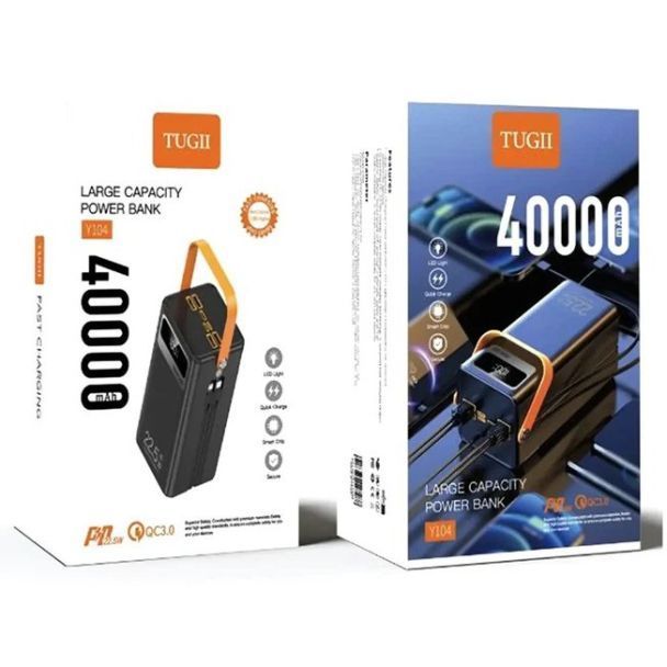 Павербанк TUGII-Y104 40000mAh 22.5W із вбудованими кабелями та LED лампою - упаковка