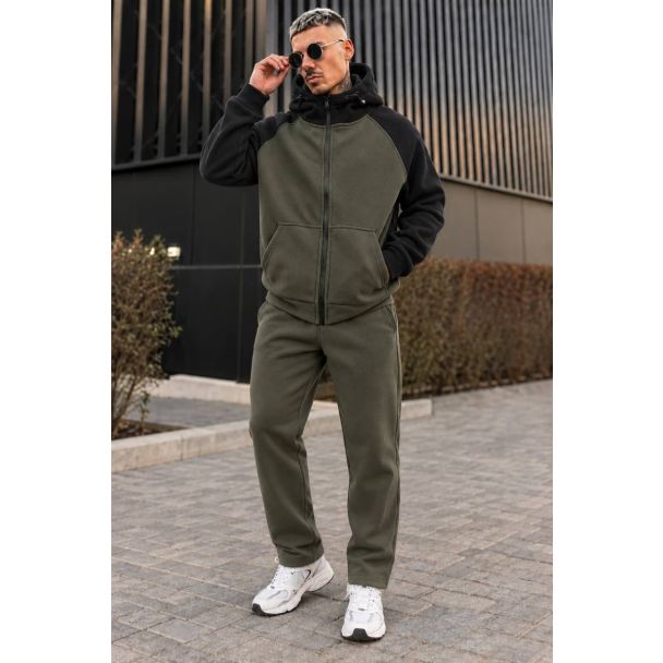 Теплий чоловічий костюм колір хакі з чорними рукавами Polar Fleece
